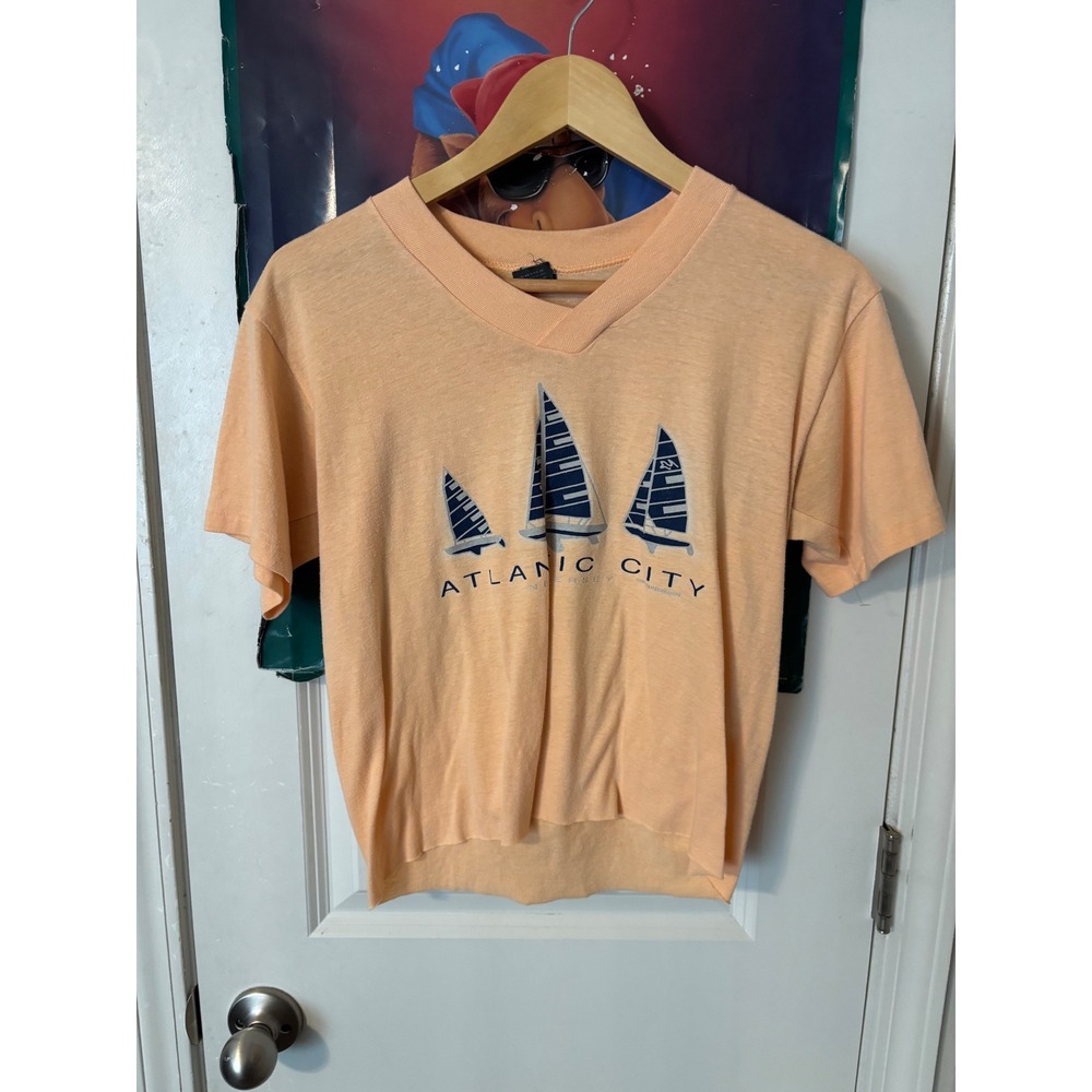 Vintage Atlantic City NJ Sailboat Graphic V-Neck T-Shirt  Orange Women Small